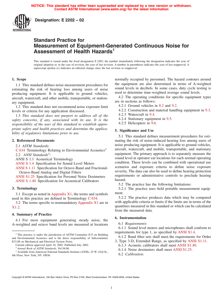 ASTM E2202-02 - Standard Practice for Measurement of Equipment-Generated Continuous Noise for Assessment of Health Hazards