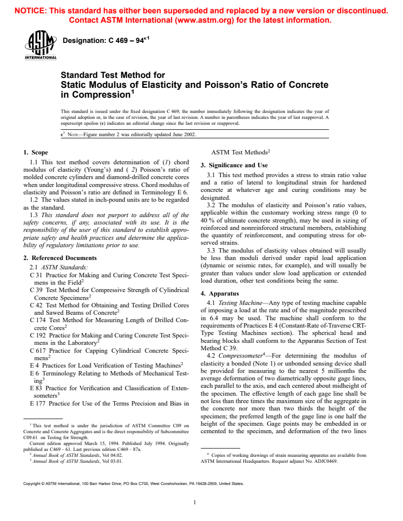 ASTM C469-94e1 - Standard Test Method for Static Modulus of Elasticity and Poisson's Ratio of Concrete in Compression