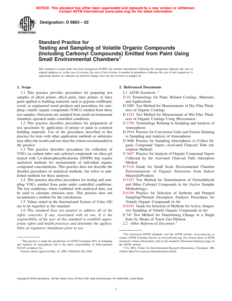 ASTM D6803-02 - Standard Practice for Testing and Sampling of Volatile Organic Compounds (Including Carbonyl Compounds) Emitted from Paint Using Small Environmental Chambers