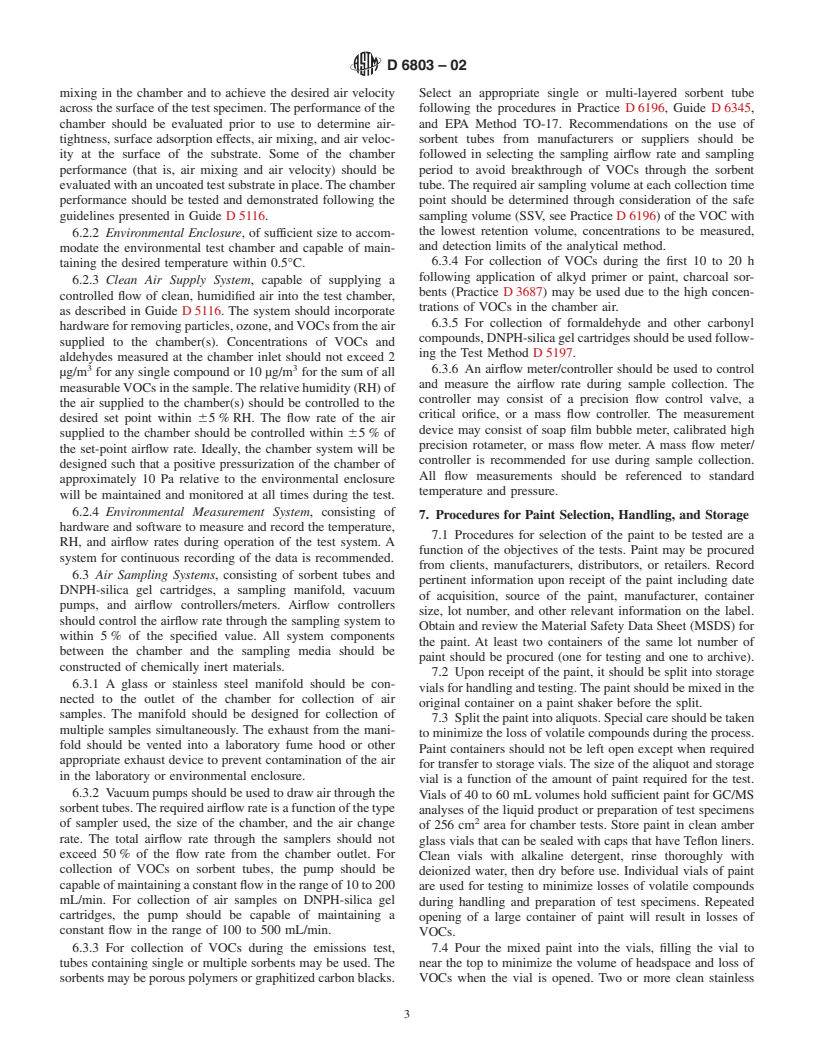 ASTM D6803-02 - Standard Practice for Testing and Sampling of Volatile Organic Compounds (Including Carbonyl Compounds) Emitted from Paint Using Small Environmental Chambers