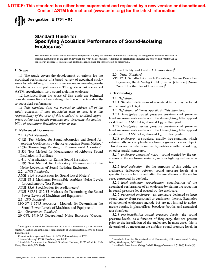 ASTM E1704-95 - Standard Guide for Specifying Acoustical Performance of Sound-Isolating Enclosures