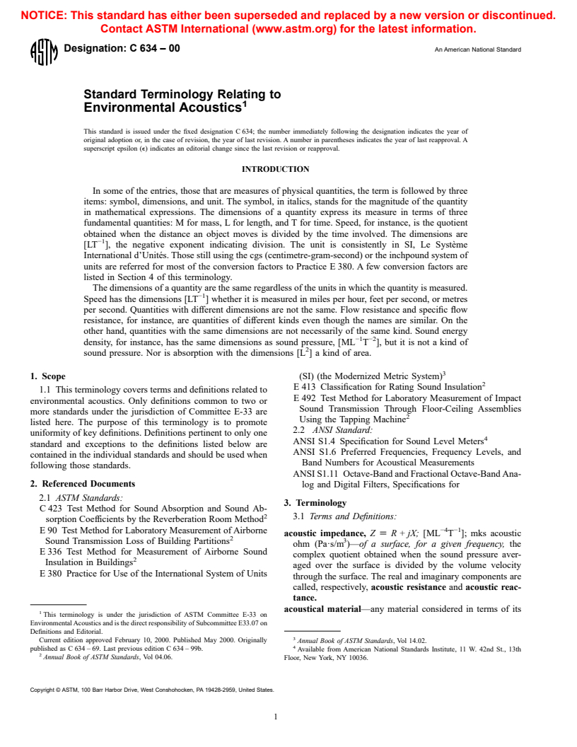 ASTM C634-00 - Standard Terminology Relating to Environmental Acoustics