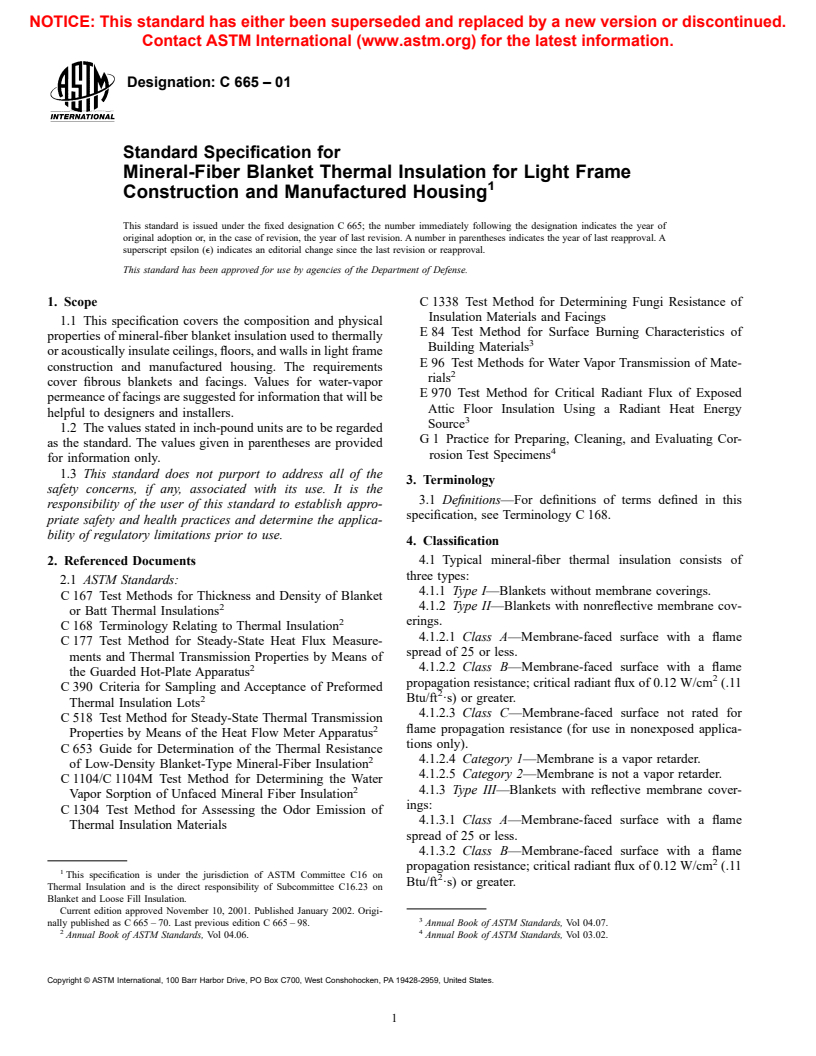 ASTM C665-01 - Standard Specification for Mineral-Fiber Blanket Thermal Insulation for Light Frame Construction and Manufactured Housing