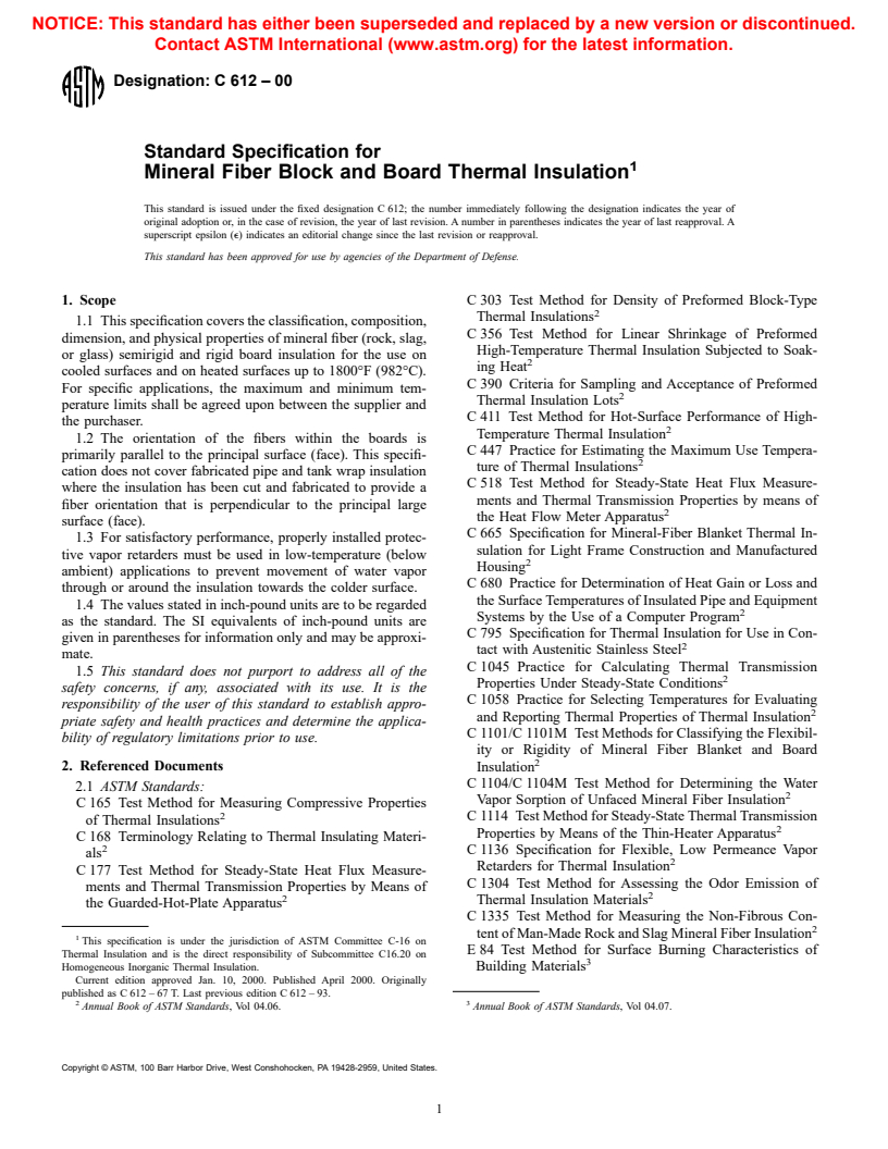 ASTM C612-00 - Standard Specification for Mineral Fiber Block and Board Thermal Insulation