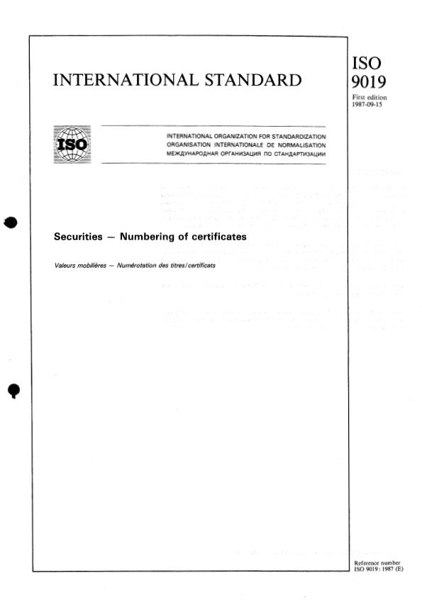 ISO 9019:1987 - Securities -- Numbering of certificates
