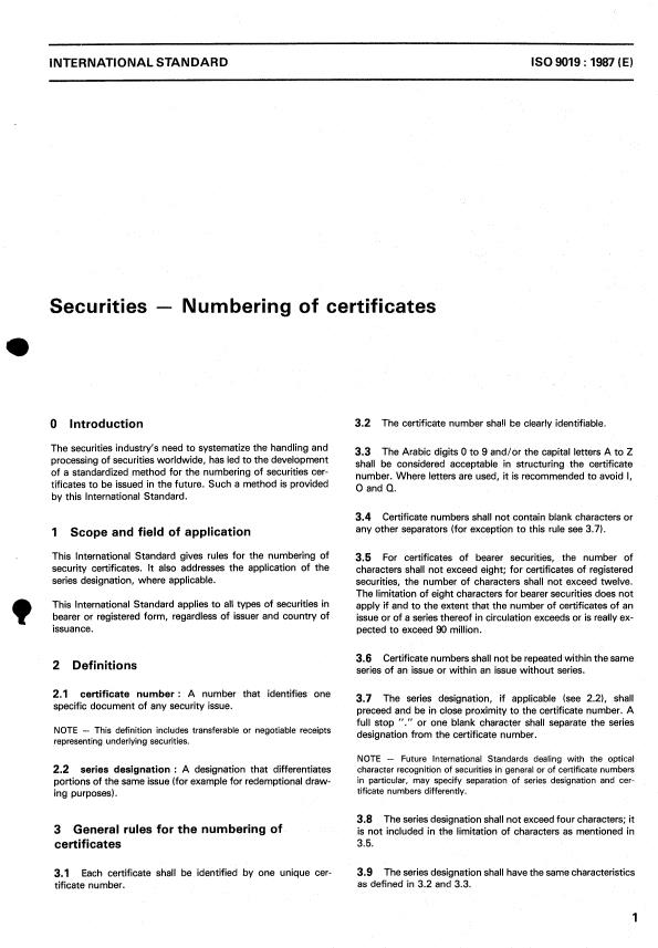ISO 9019:1987 - Securities -- Numbering of certificates