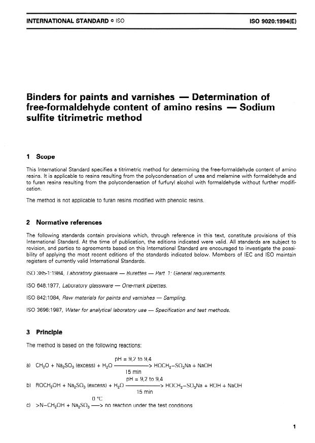 ISO 9020:1994 - Binders for paints and varnishes -- Determination of free-formaldehyde content of amino resins -- Sodium sulfite titrimetric method