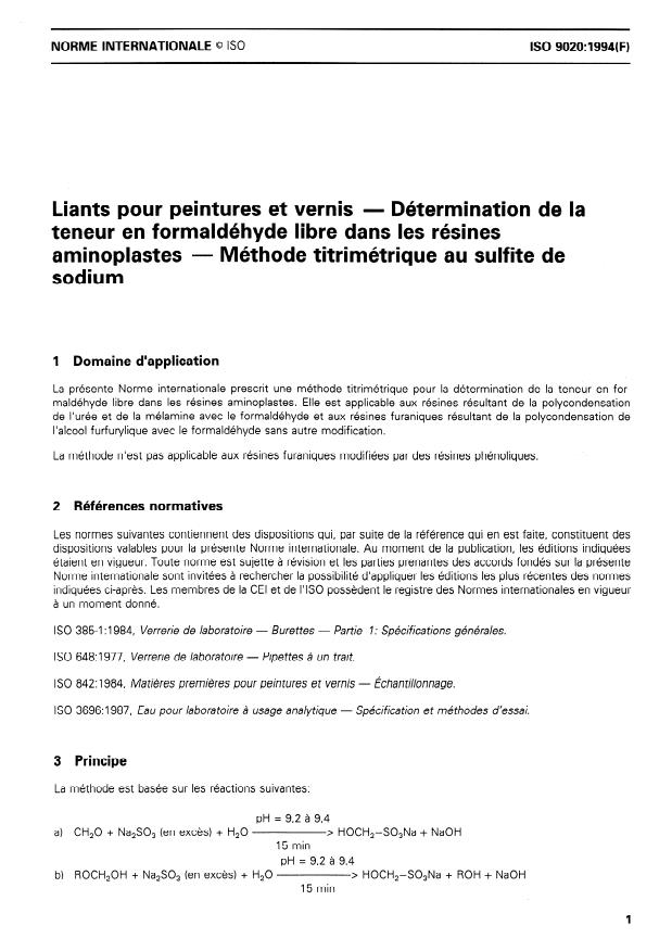 ISO 9020:1994 - Liants pour peintures et vernis -- Détermination de la teneur en formaldéhyde libre dans les résines aminoplastes -- Méthode titrimétrique au sulfite de sodium