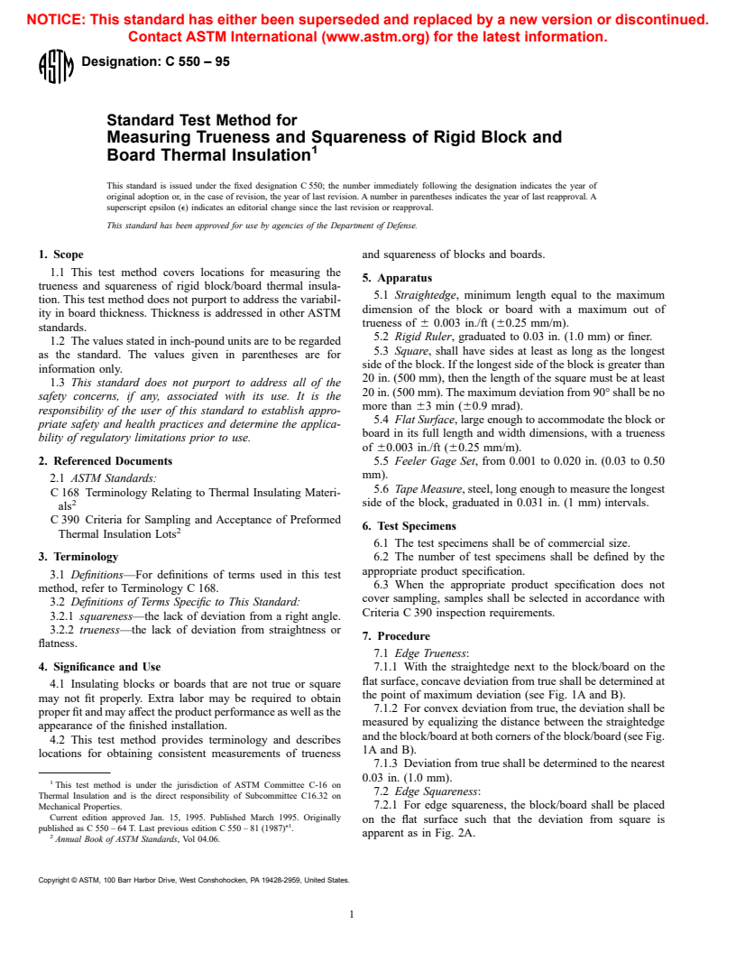 ASTM C550-95 - Standard Test Method for Measuring Trueness and Squareness of Rigid Block and Board Thermal Insulation
