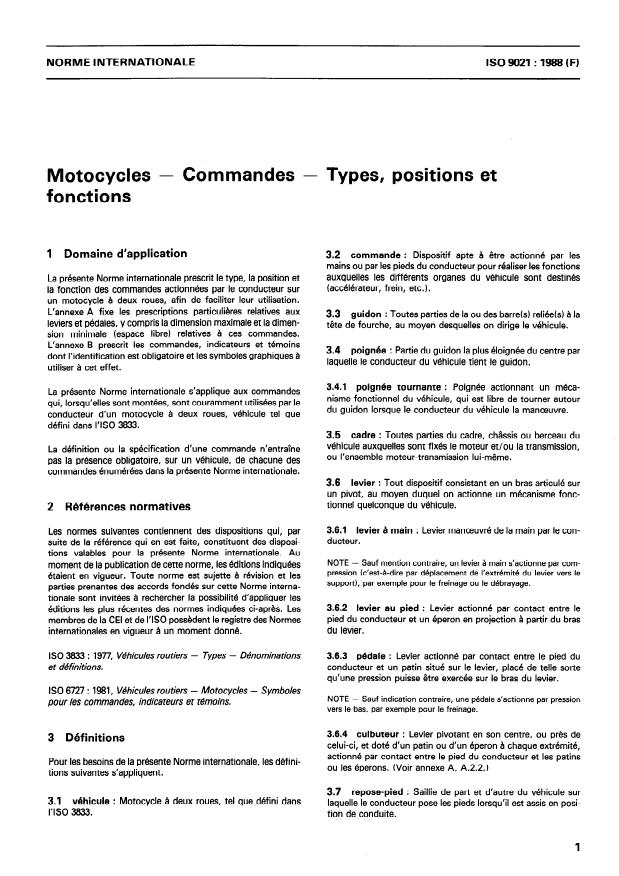 ISO 9021:1988 - Motocycles -- Commandes -- Types, positions et fonctions