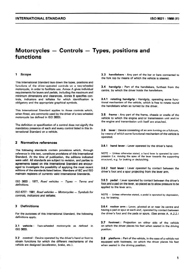 ISO 9021:1988 - Motorcycles -- Controls -- Types, positions and functions