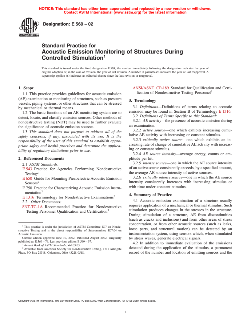 ASTM E569-02 - Standard Practice for Acoustic Emission Monitoring of Structures During Controlled Stimulation