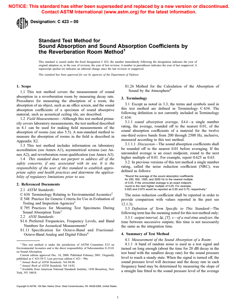 ASTM C423-00 - Standard Test Method for Sound Absorption and Sound Absorption Coefficients by the Reverberation Room Method