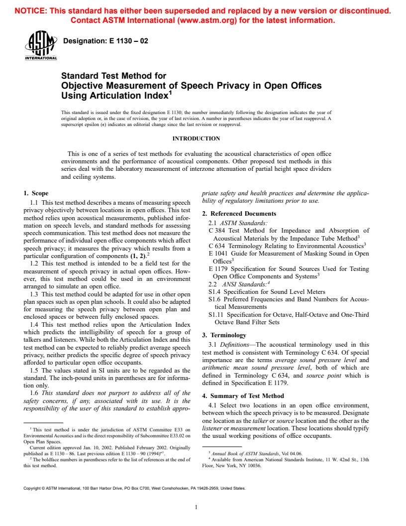 ASTM E1130-02 - Standard Test Method for Objective Measurement of Speech Privacy in Open Offices Using Articulation Index