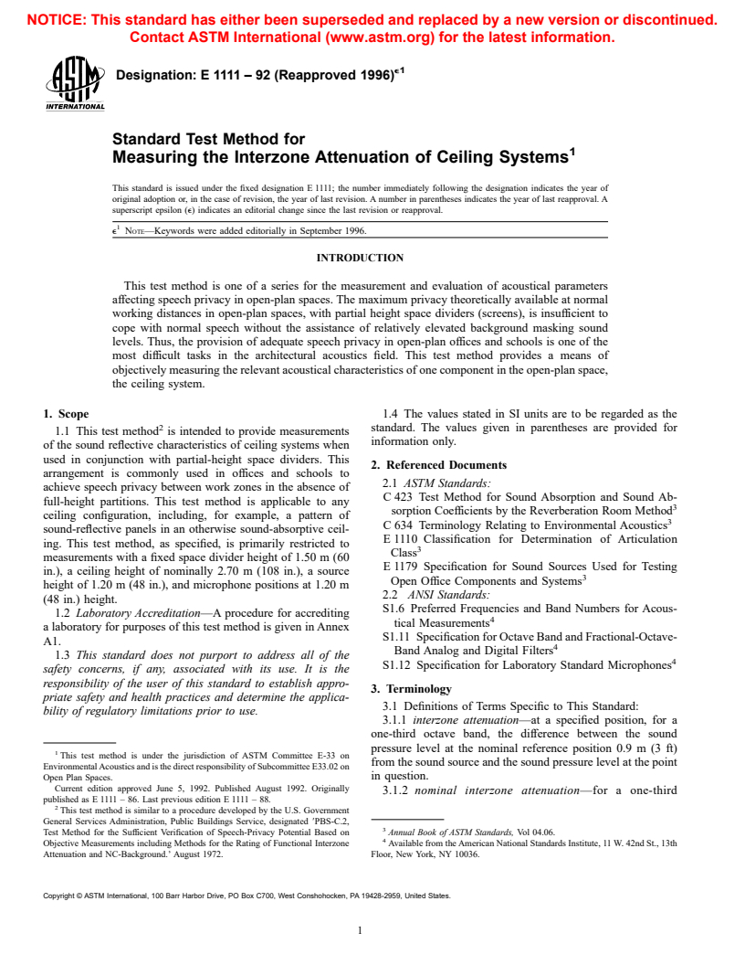 ASTM E1111-92(1996)e1 - Standard Test Method for Measuring the Interzone Attenuation of Ceiling Systems