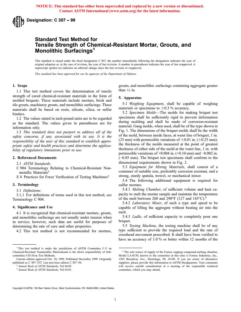 ASTM C307-99 - Standard Test Method for Tensile Strength of Chemical-Resistant Mortar, Grouts, and Monolithic Surfacings