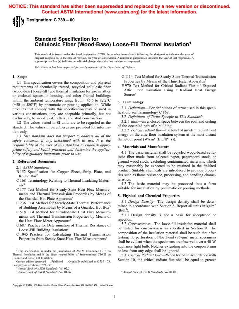 ASTM C739-00 - Standard Specification for Cellulosic Fiber (Wood-Base) Loose-Fill Thermal Insulation