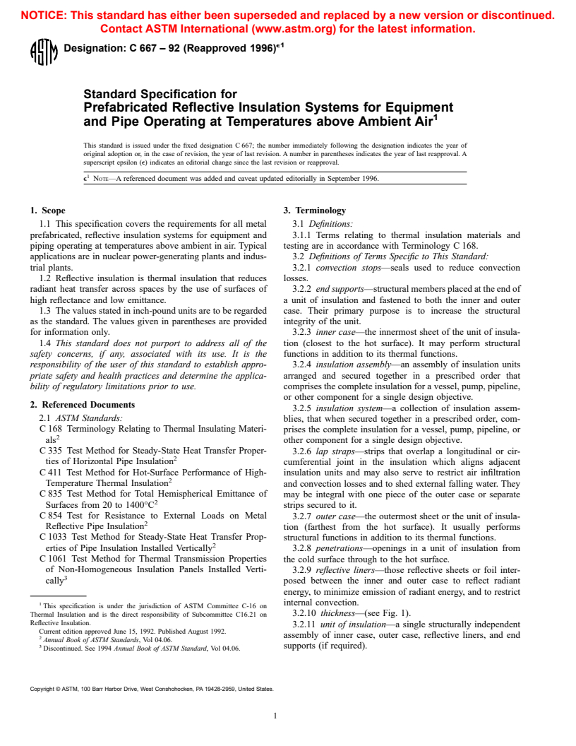 ASTM C667-92(1996)e1 - Standard Specification for Prefabricated Reflective Insulation Systems for Equipment and Pipe Operating at Temperatures above Ambient Air