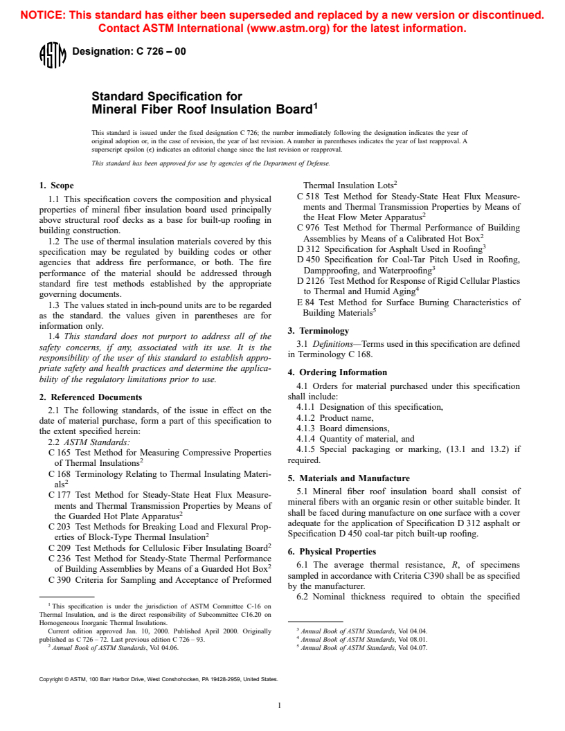 ASTM C726-00 - Standard Specification for Mineral Fiber Roof Insulation Board