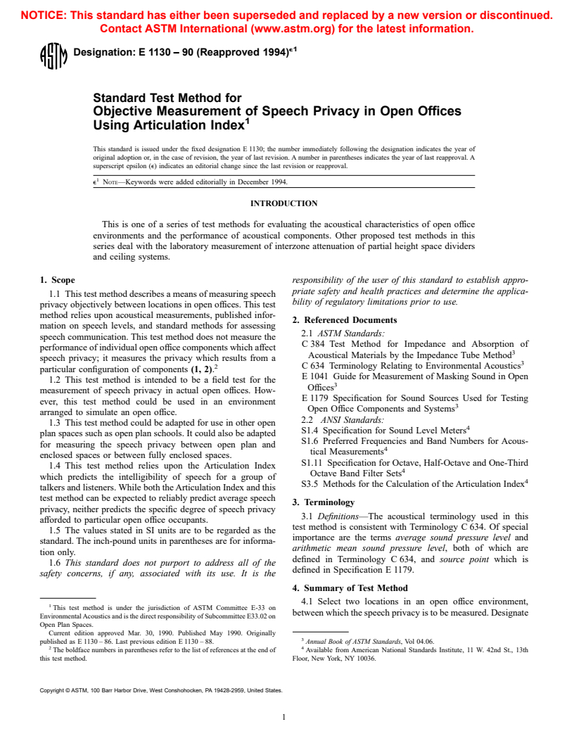 ASTM E1130-90(1994)e1 - Standard Test Method for Objective Measurement of Speech Privacy in Open Offices Using Articulation Index