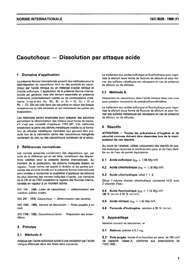 ISO 9028:1989 - Caoutchouc -- Dissolution par attaque acide