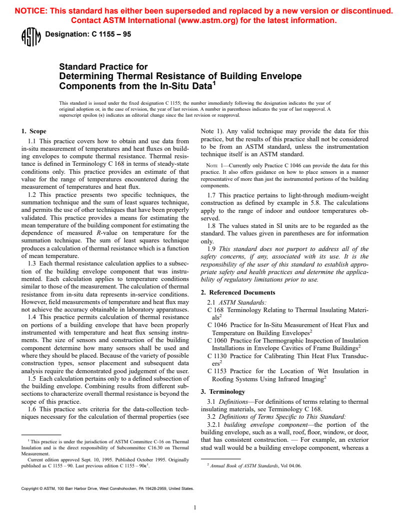 ASTM C1155-95 - Standard Practice for Determining Thermal Resistance of Building Envelope Components from the In-Situ Data