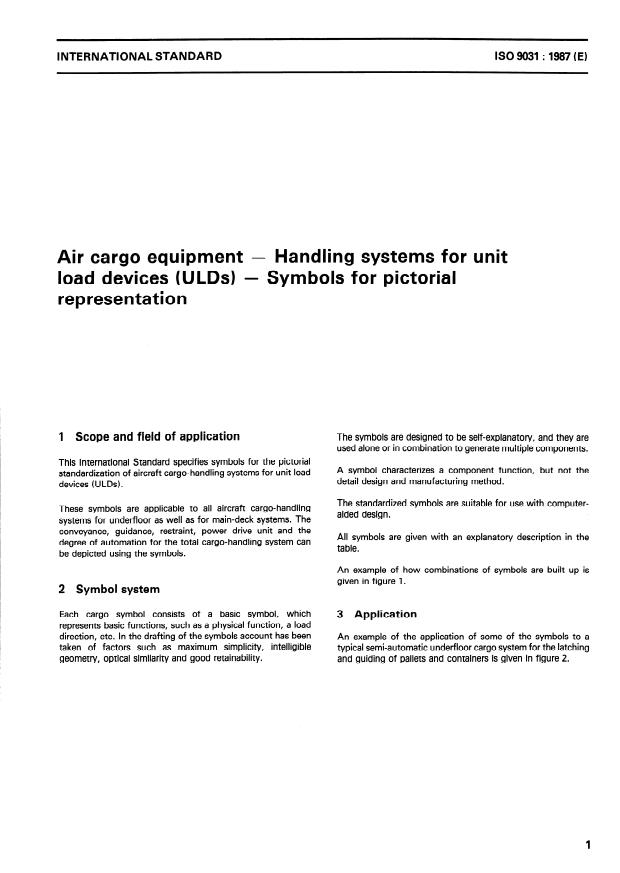 ISO 9031:1987 - Air cargo equipment -- Handling systems for unit load devices (ULDs) -- Symbols for pictorial representation