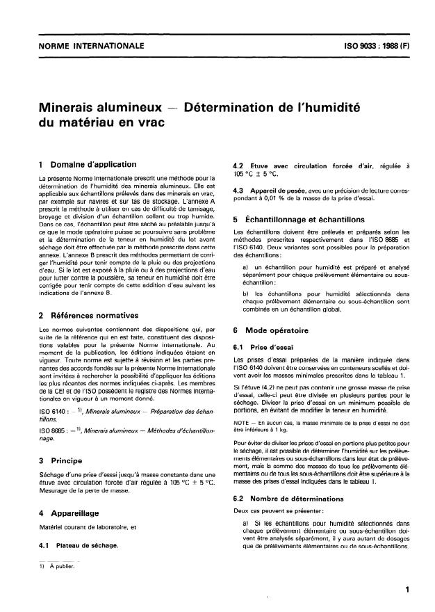 ISO 9033:1989 - Minerais alumineux -- Détermination de l'humidité du matériau en vrac