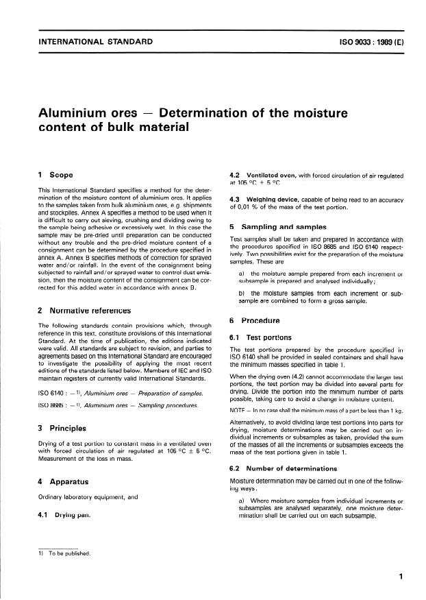 ISO 9033:1989 - Aluminium ores -- Determination of the moisture content of bulk material