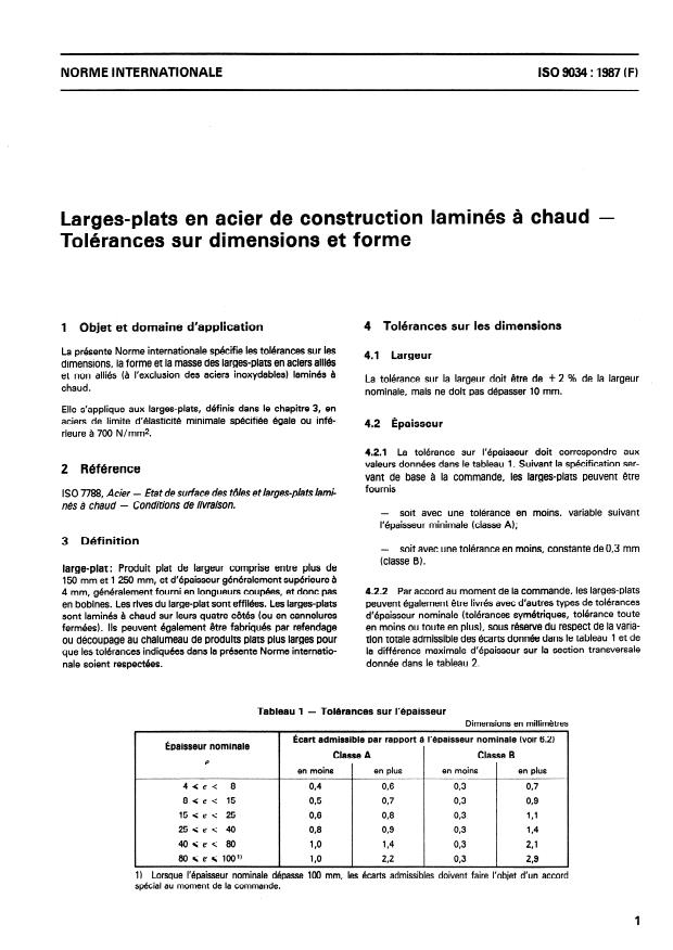 ISO 9034:1987 - Larges-plats en acier de construction laminés a chaud -- Tolérances sur dimensions et forme
