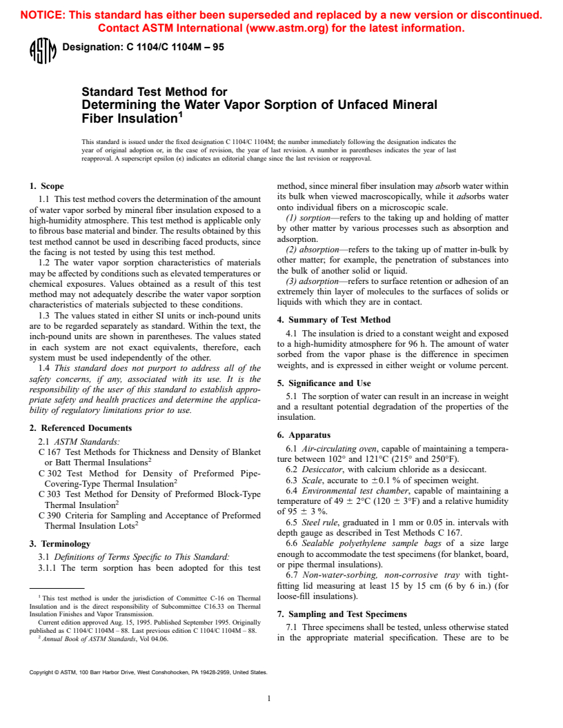 ASTM C1104/C1104M-95 - Standard Test Method for Determining the Water Vapor Sorption of Unfaced Mineral Fiber Insulation