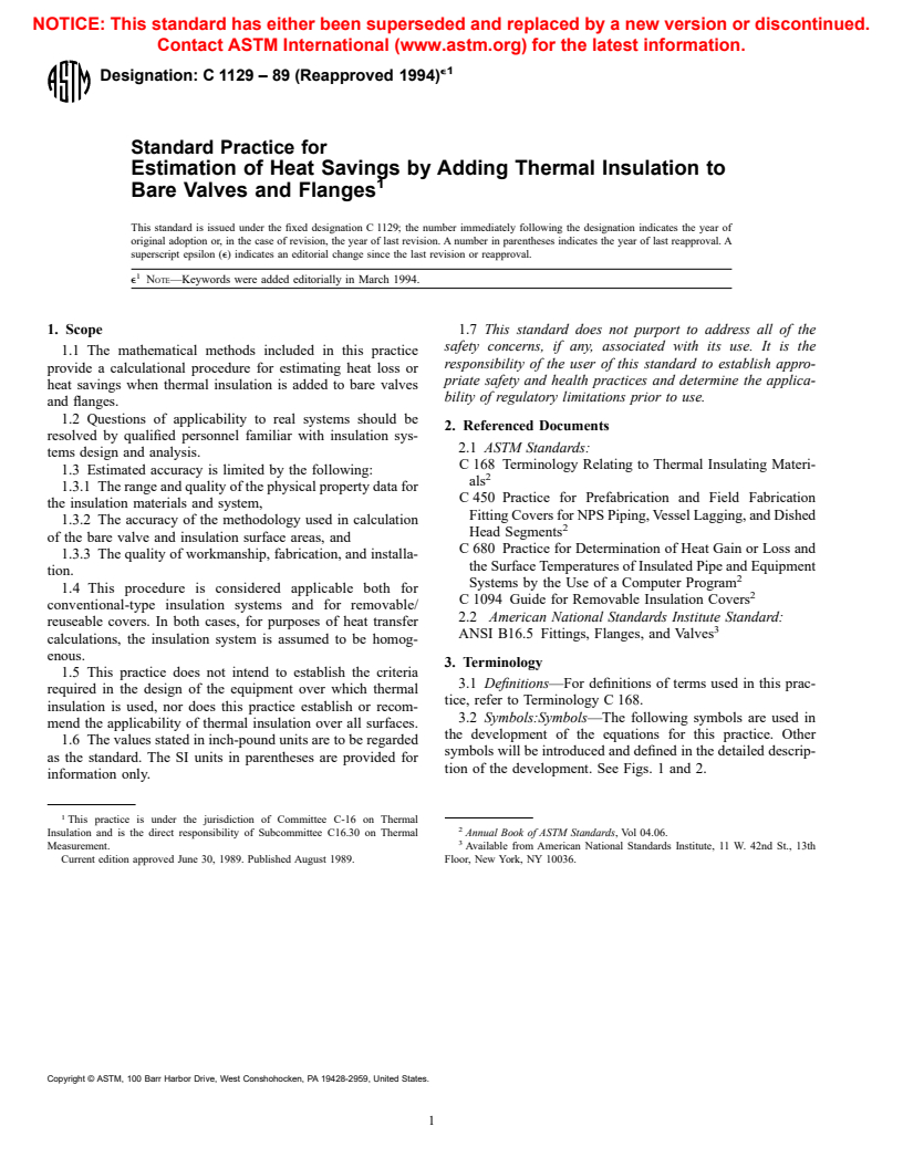 ASTM C1129-89(1994)e1 - Standard Practice for Estimation of Heat Savings by Adding Thermal Insulation to Bare Valves and Flanges