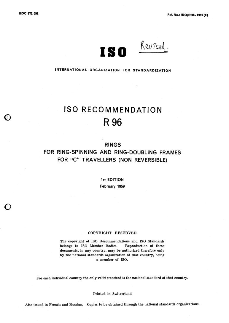 ISO/R 96:1959 - Title missing - Legacy paper document
Released:1/1/1959