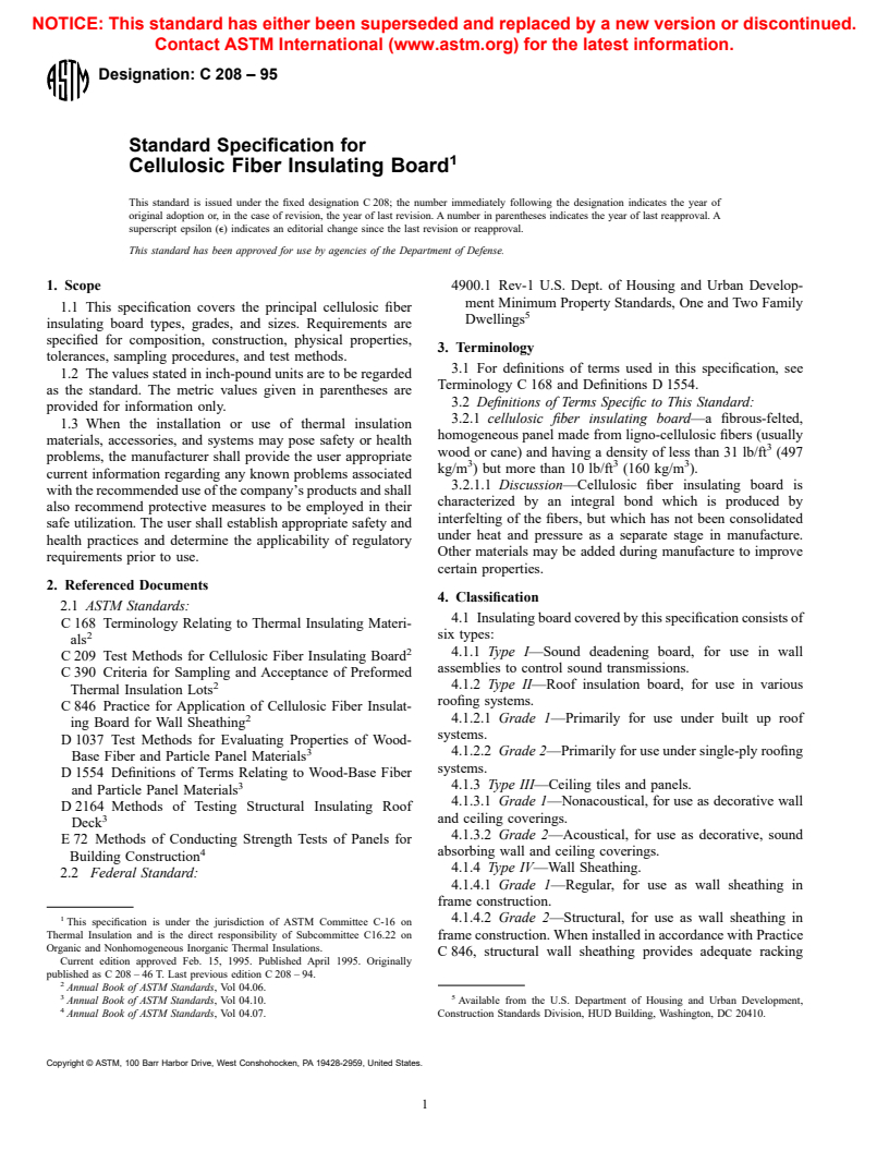 ASTM C208-95 - Standard Specification for Cellulosic Fiber Insulating Board