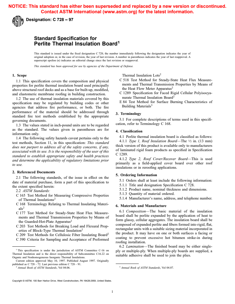 ASTM C728-97 - Standard Specification for Perlite Thermal Insulation Board