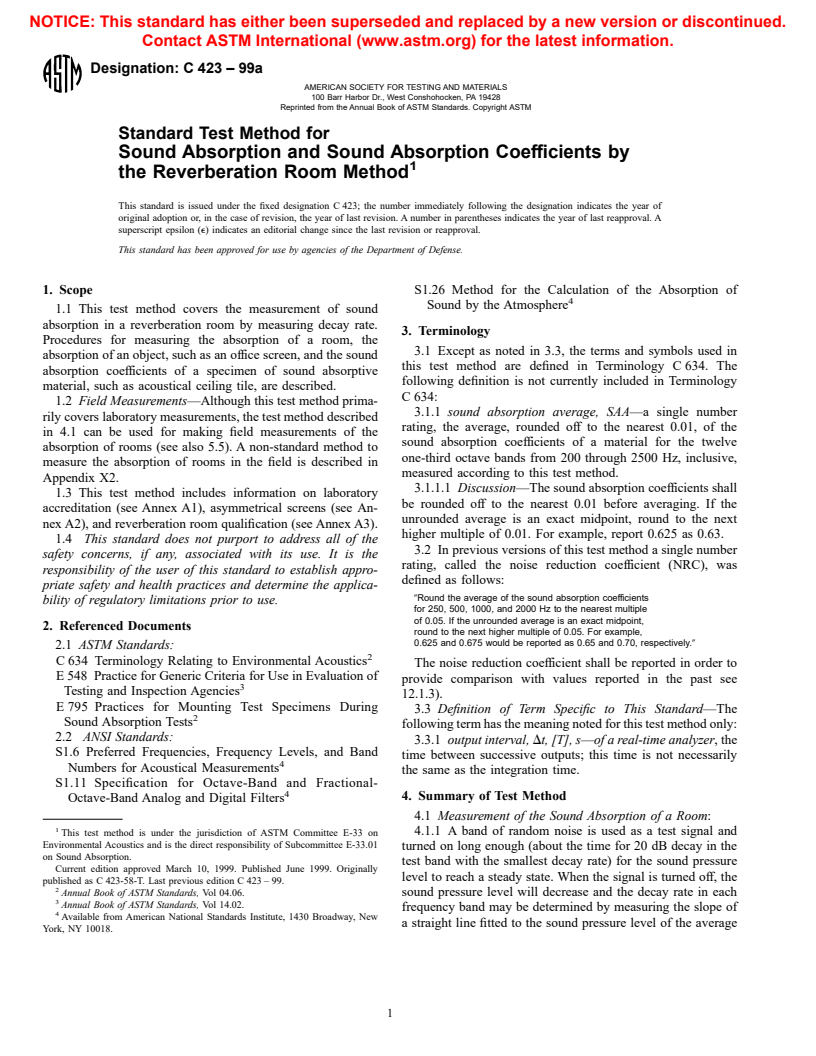 ASTM C423-99a - Standard Test Method for Sound Absorption and Sound Absorption Coefficients by the Reverberation Room Method