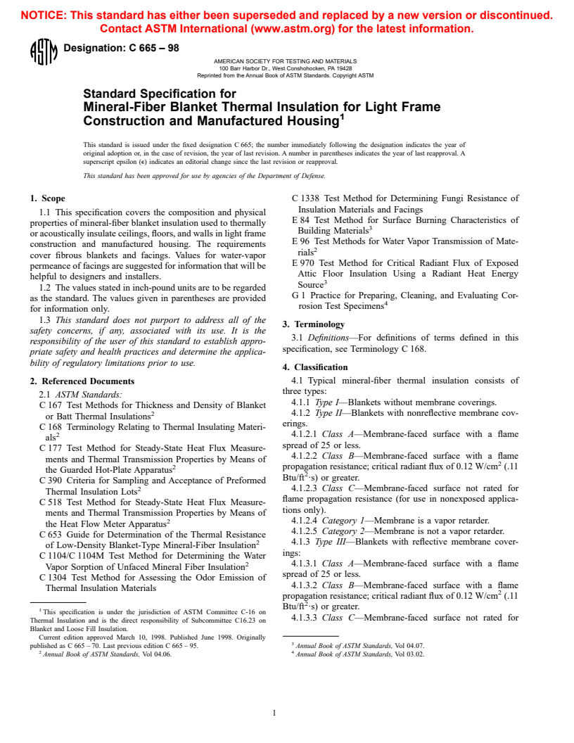 ASTM C665-98 - Standard Specification for Mineral-Fiber Blanket Thermal Insulation for Light Frame Construction and Manufactured Housing