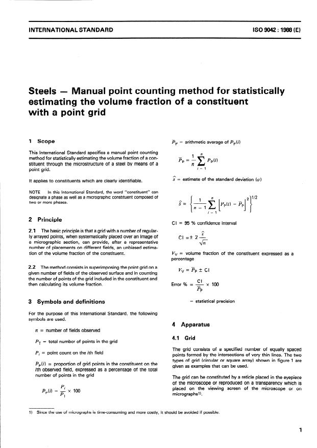ISO 9042:1988 - Steels -- Manual point counting method for statistically estimating the volume fraction of a constituent with a point grid