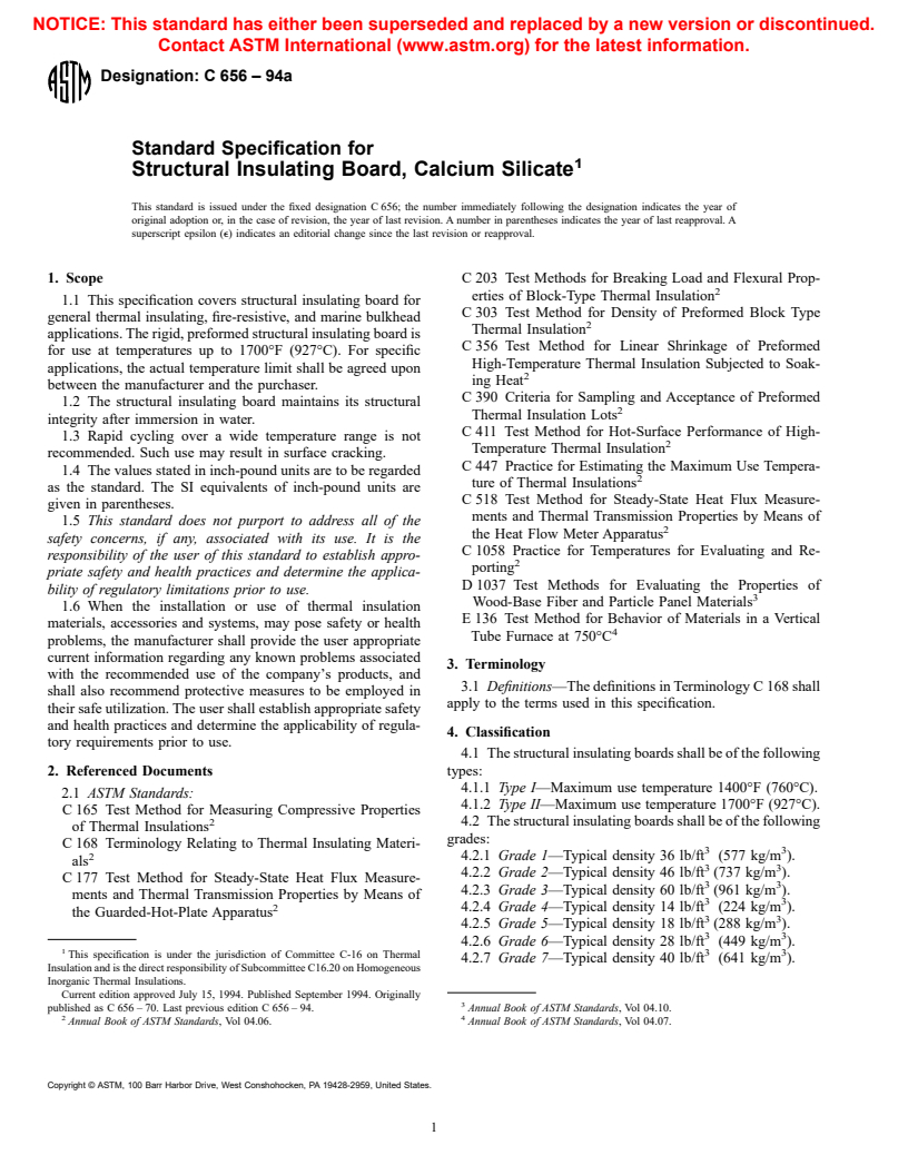 ASTM C656-94a - Standard Specification for Structural Insulating Board, Calcium Silicate