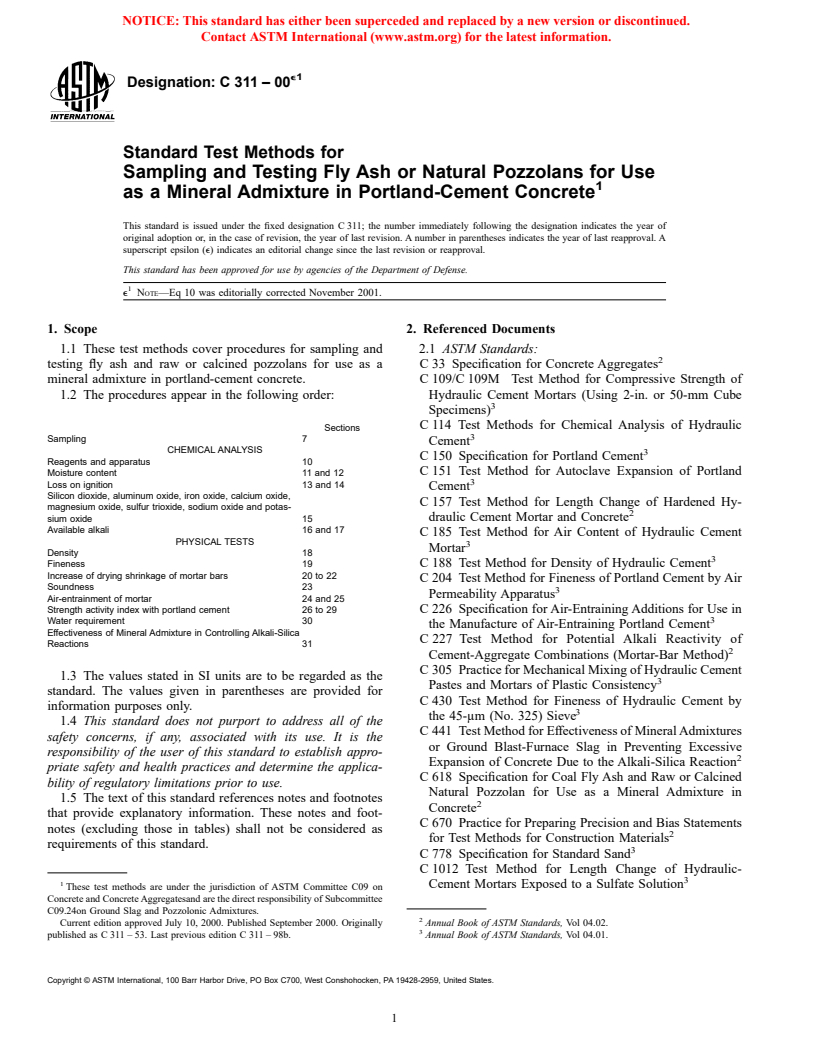 ASTM C311-00e1 - Standard Test Methods for Sampling and Testing Fly Ash or Natural Pozzolans for Use as a Mineral Admixture in Portland-Cement Concrete