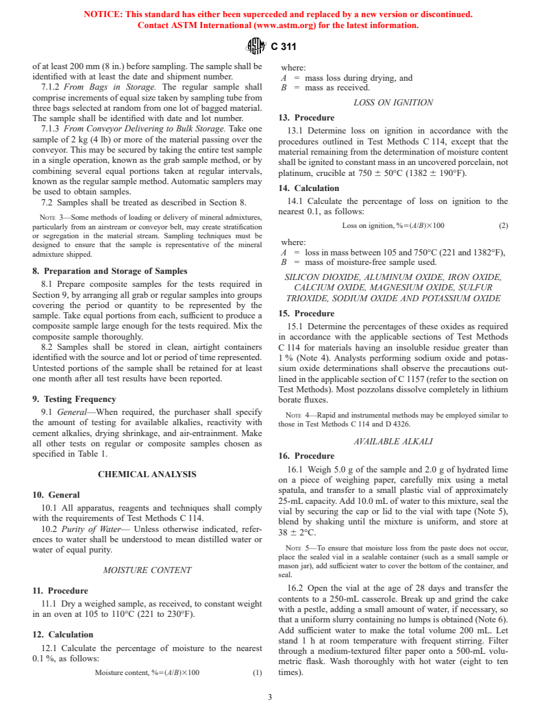 ASTM C311-00e1 - Standard Test Methods for Sampling and Testing Fly Ash or Natural Pozzolans for Use as a Mineral Admixture in Portland-Cement Concrete