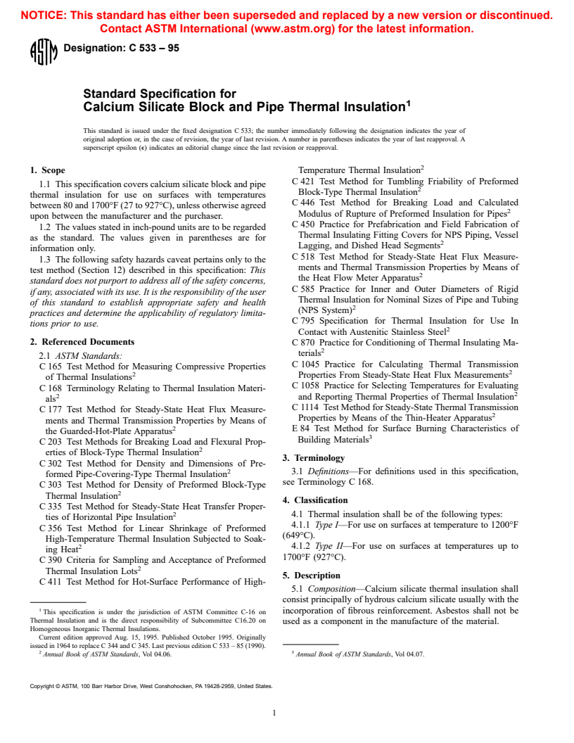 ASTM C533-95 - Standard Specification for Calcium Silicate Block and Pipe Thermal Insulation