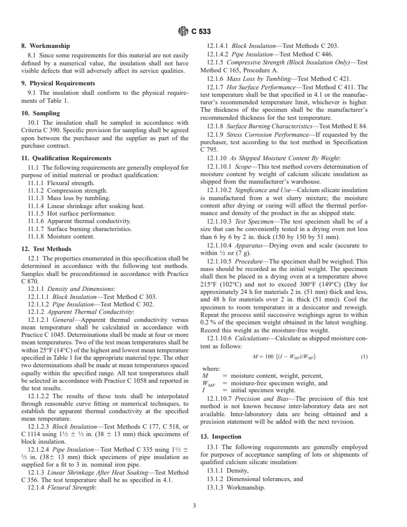 ASTM C533-95 - Standard Specification for Calcium Silicate Block and Pipe Thermal Insulation