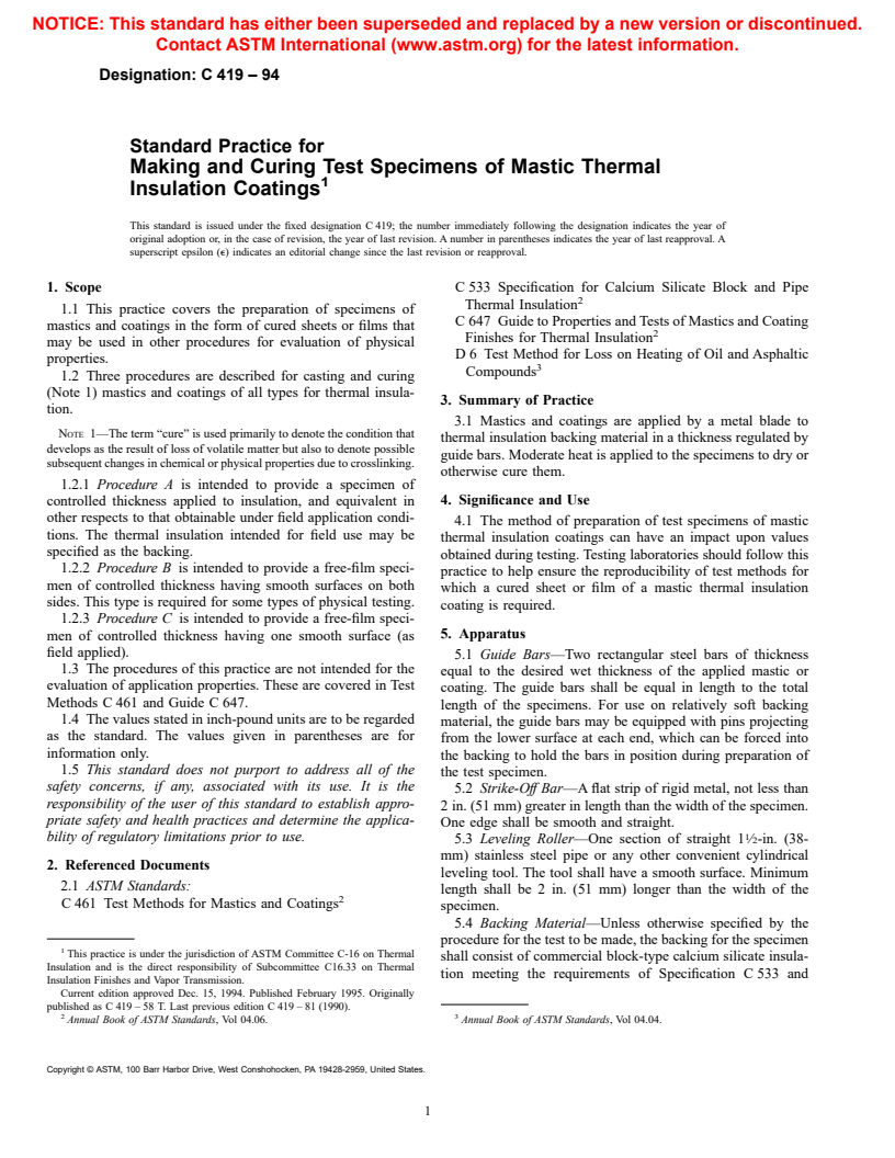 ASTM C419-94 - Standard Practice for Making and Curing Test Specimens of Mastic Thermal Insulation Coatings