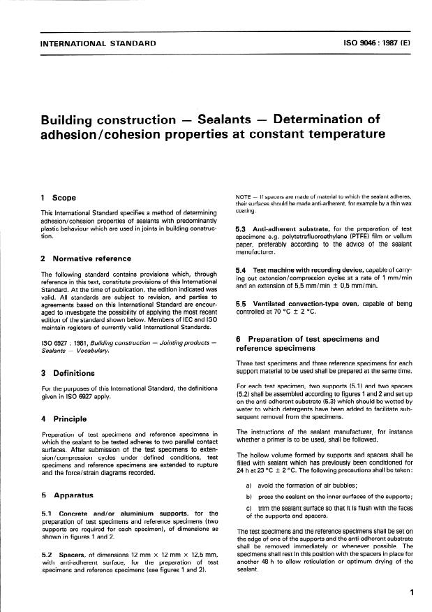 ISO 9046:1987 - Building construction -- Sealants -- Determination of adhesion/cohesion properties at constant temperature