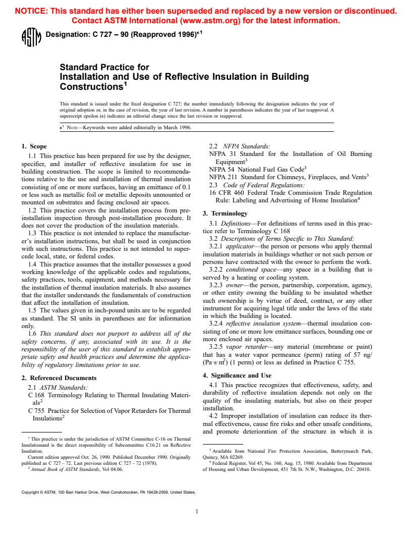 ASTM C727-90(1996)e1 - Standard Practice for Installation and Use of Reflective Insulation in Building Constructions