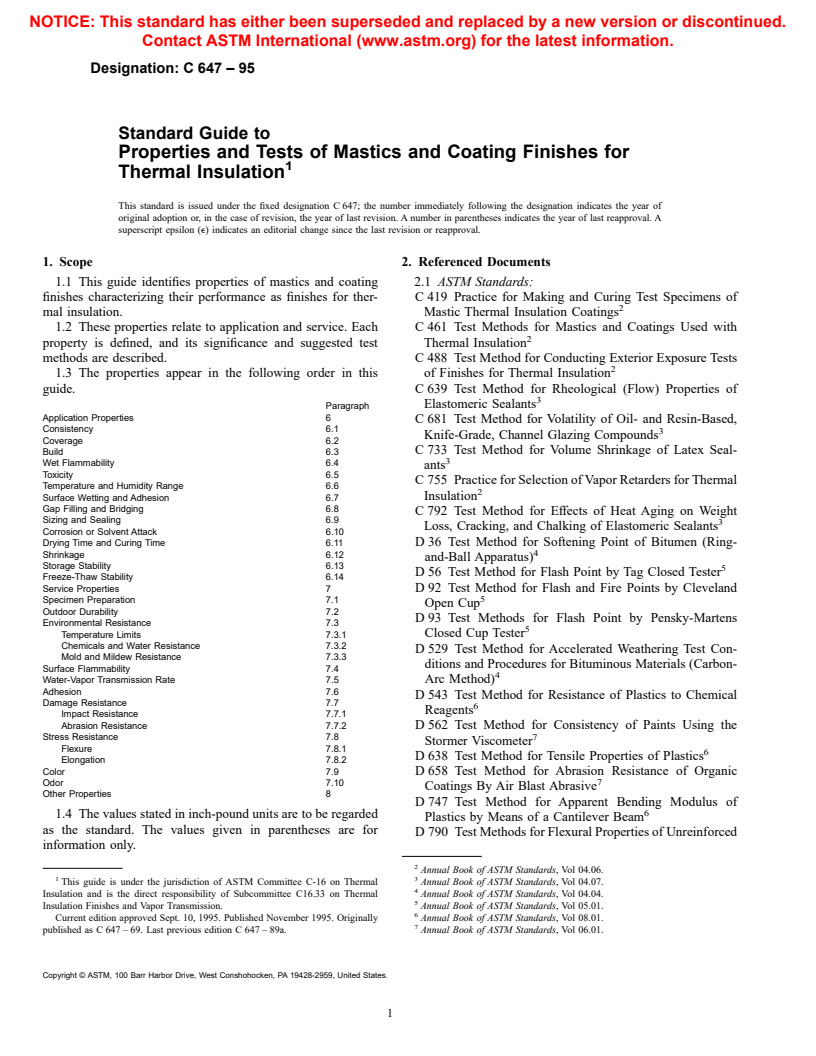 ASTM C647-95 - Standard Guide to Properties and Tests of Mastics and Coating Finishes for Thermal Insulation