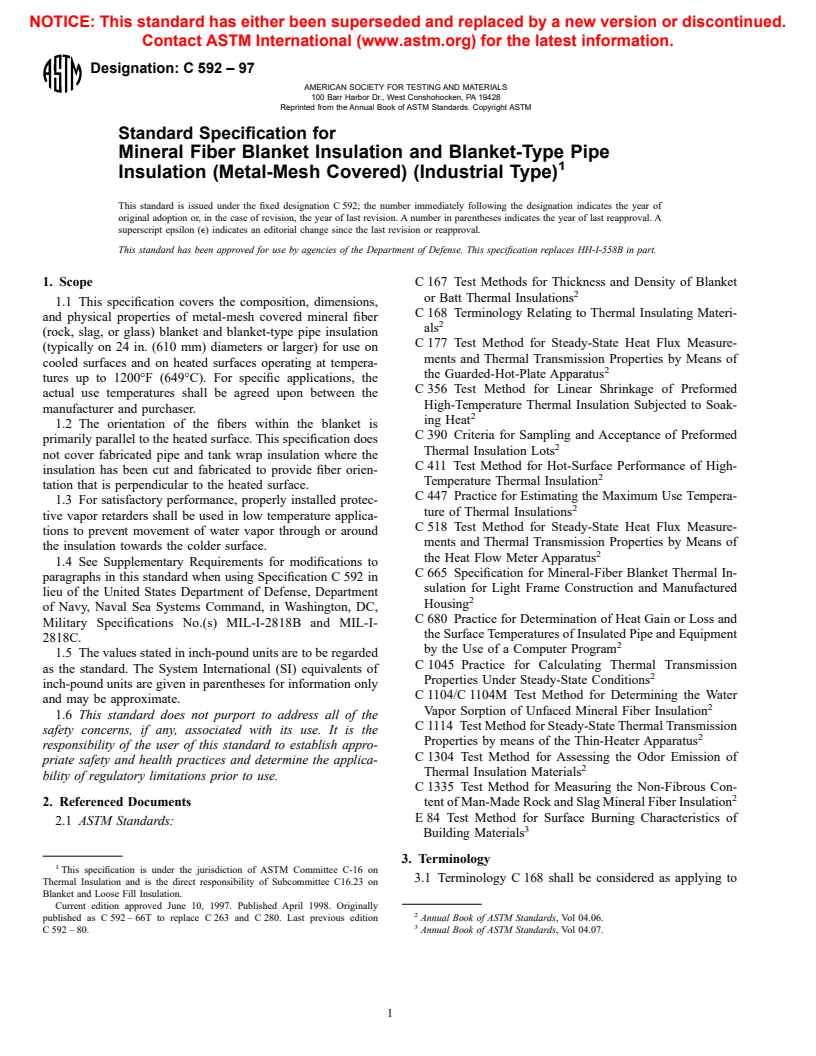 ASTM C592-97 - Standard Specification for Mineral Fiber Blanket Insulation and Blanket-Type Pipe Insulation (Metal-Mesh Covered) (Industrial Type)