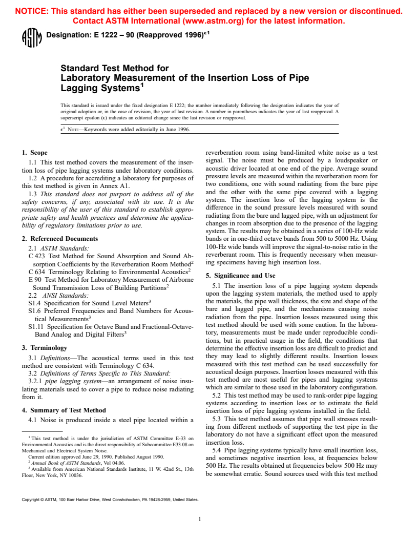 ASTM E1222-90(1996)e1 - Standard Test Method for Laboratory Measurement of the Insertion Loss of Pipe Lagging Systems