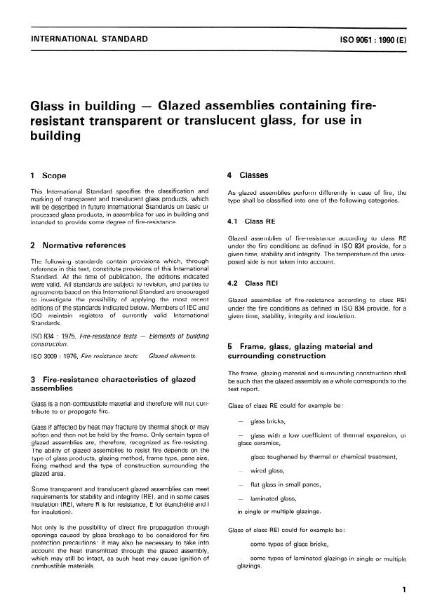 ISO 9051:1990 - Glass in building -- Glazed assemblies containing fire-resistant transparent or translucent glass, for use in building